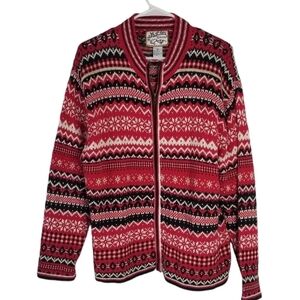 Heirloom Collectibles Red Black White Fair Isle Full Zip Sweater Size XL Winter
